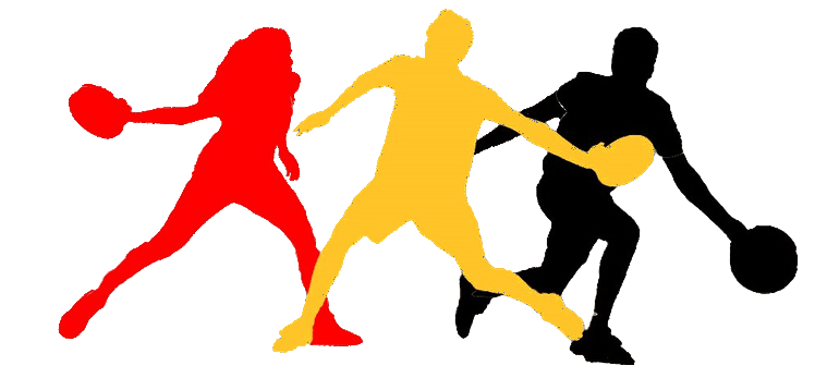 Trois joueurs de tamburello en silhouette, aux couleurs noire, jaune et rouge de la Belgique