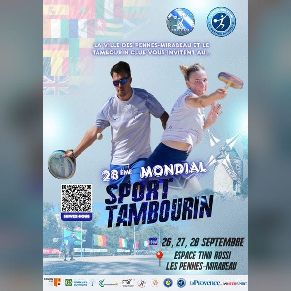 Manifesto del 28º Mondiale di sport tamburello, il 26, 27 e 28 settembre 2025 all’Espace Tino Rossi, Les Pennes-Mirabeau, su invito della città e del Tambourin Club