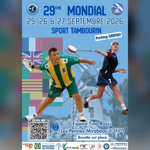 Manifesto del 29º Mondiale di sport tamburello, il 25, 26 e 27 settembre 2026 all’Espace Tino Rossi, Les Pennes-Mirabeau — parcheggio gratuito, bar sul posto