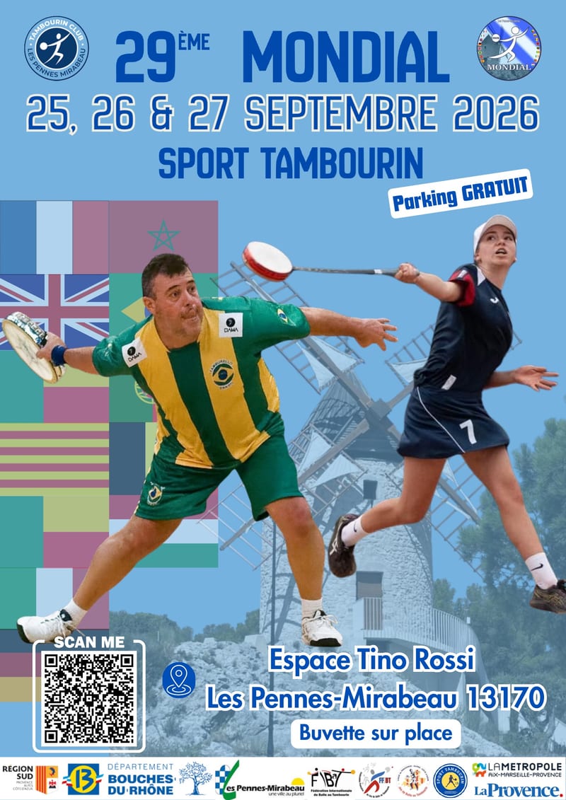 Manifesto del 29º Mondiale di sport tamburello, il 25, 26 e 27 settembre 2026 all’Espace Tino Rossi, Les Pennes-Mirabeau — parcheggio gratuito, bar sul posto