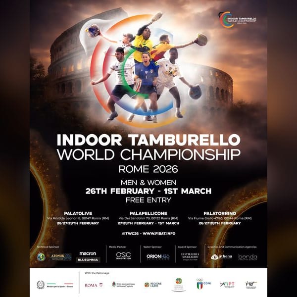 Manifesto ufficiale dell’Indoor Tamburello World Championship, Roma 2026, dal 26 febbraio al 1º marzo, uomini e donne, ingresso libero